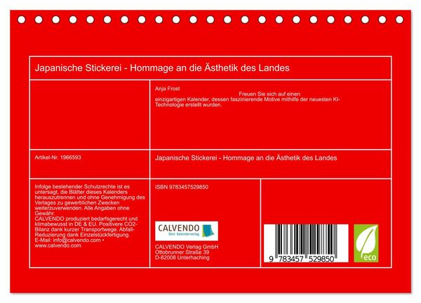 Produktbild: Japanische Stickerei - Hommage an die &Auml;sthetik des Landes (Tischkalender 2026 DIN A5 quer), CALVENDO Monatskalender