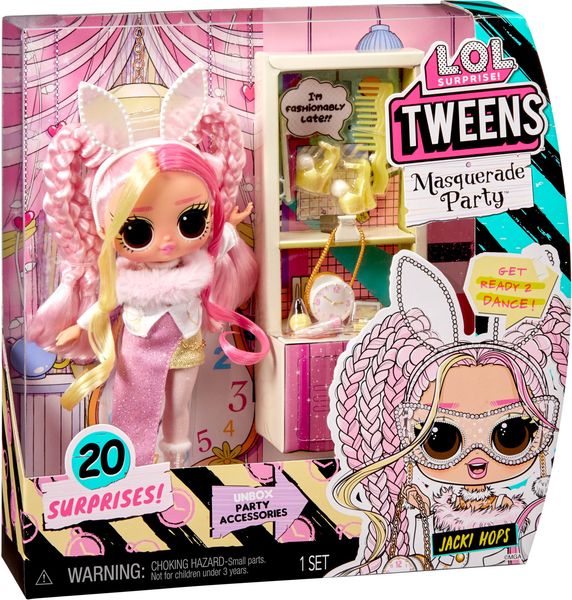 MGA 584100EUC - L.O.L. Surprise Tweens Masquerade Party, JACKY HOPS, Modepuppe mit 20 Überraschungen, 16,5 cm
