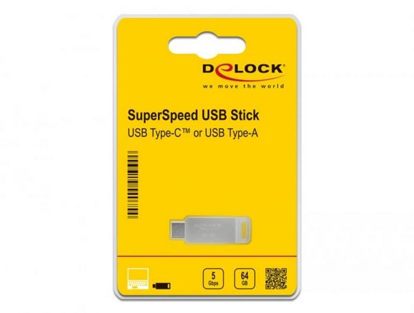 Produktbild: Delock 54075 USB-Stick Glas 64GB Silber 54075 USB, USB-A, USB-C&reg;