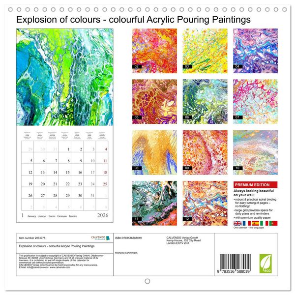Produktbild: Explosion of colours - colourful Acrylic Pouring Paintings (Wall Calendar 2026 12 &times; 12 Inch) CALVENDO 12 Month Wall Calendar