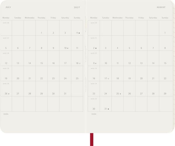 Produktbild: Moleskine 12 Monate Wochen Notizkalender 2027, Pocket/A6, 1 Wo = 1 Seite, rechts linierte Seite, Weicher Einband, Scharlachrot