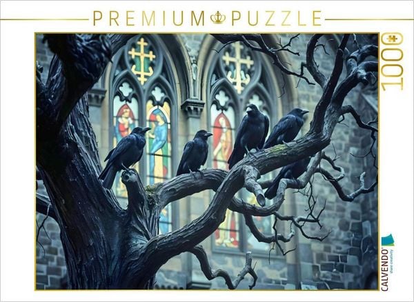 Produktbild: CALVENDO Puzzle Gefl&uuml;sterte Prophezeiungen - HD-Leinwand "Kr&auml;hen & alte Kirche" | 1000 Teile Lege-Gr&ouml;&szlig;e 64x48cm Foto-Puzzle f&uuml;r gl&uuml;ckliche Stunden