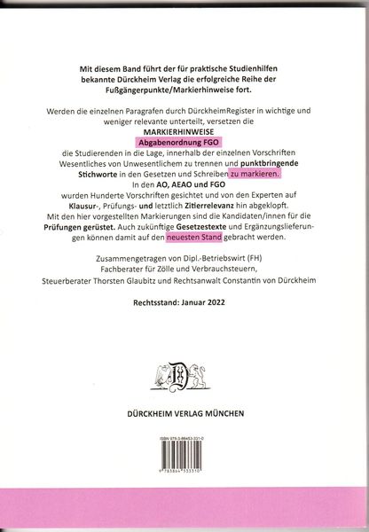 Produktbild: ABGABENORDNUNG & FGO D&uuml;rckheim-Markierhinweise/Fu&szlig;g&auml;ngerpunkte f&uuml;r das Steuerberaterexamen: D&uuml;rckheim'sche Markierhinweise