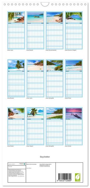 Produktbild: Familienplaner 2026 - Seychellen mit 5 Spalten (Wandkalender, 21 x 45 cm) CALVENDO