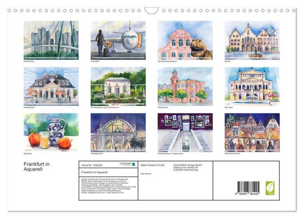 Produktbild: Frankfurt in Aquarell (Wandkalender 2026 DIN A3 quer), CALVENDO Monatskalender