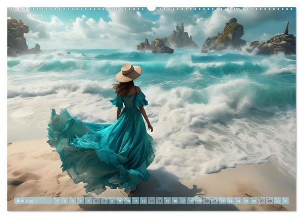 Produktbild: Strandzauber- Frauen in eleganten Kleidern (hochwertiger Premium Wandkalender 2026 DIN A2 quer), Kunstdruck in Hochglanz