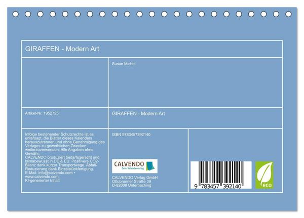 Produktbild: GIRAFFEN - Modern Art (Tischkalender 2026 DIN A5 quer), CALVENDO Monatskalender