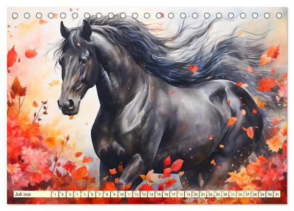 Produktbild: Pferde. Romantische Aquarelle von schwarzen Sch&ouml;nheiten (Tischkalender 2026 DIN A5 quer), CALVENDO Monatskalender