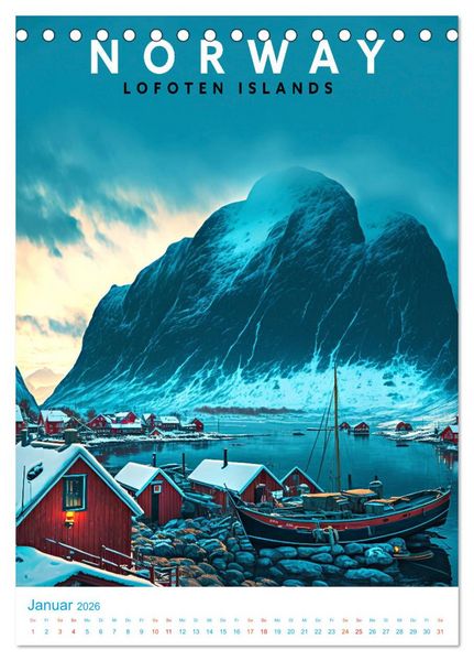 Produktbild: Lofoten - Old School Poster Style (Tischkalender 2026 DIN A5 hoch), CALVENDO Monatskalender
