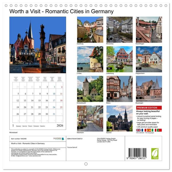 Produktbild: Worth a Visit - Romantic Cities in Germany (Wall Calendar 2026 12 &times; 12 Inch) CALVENDO 12 Month Wall Calendar