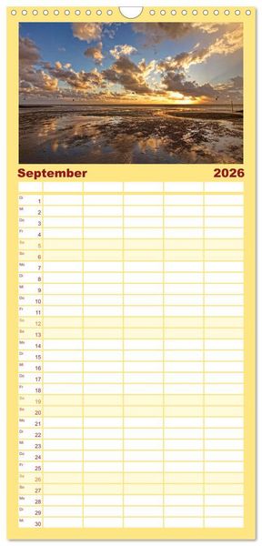 Produktbild: Familienplaner 2026 - Sonnenunterg&auml;nge, an der Nordseek&uuml;ste vor Cuxhaven mit 5 Spalten (Wandkalender, 21 x 45 cm) CALVENDO