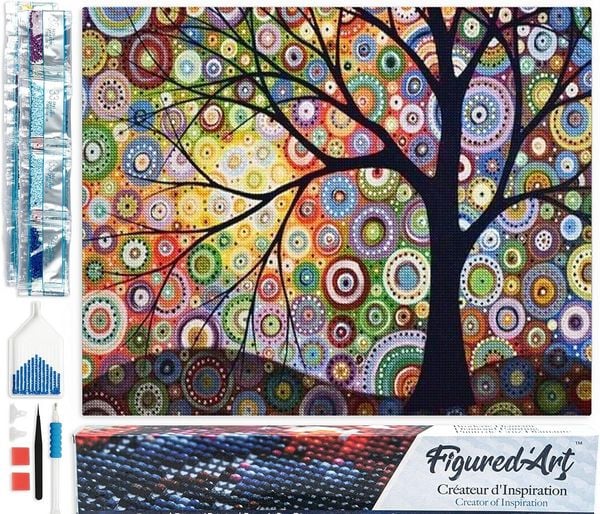 Produktbild: FiguredArt DP-091 - Diamond Painting, Baum des Lebens, 5D Bild (40x50cm) mit eckigen Steinen, DIY Bastelset