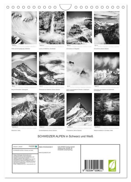 Produktbild: SCHWEIZER ALPEN in Schwarz und Wei&szlig; (Wandkalender 2027 DIN A4 hoch), CALVENDO Monatskalender