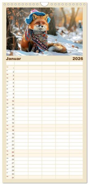 Produktbild: Familienplaner 2026 - Fuchsige Eskapaden. Reineke mit noblen Accessoires mit 5 Spalten (Wandkalender, 21 x 45 cm) CALVENDO