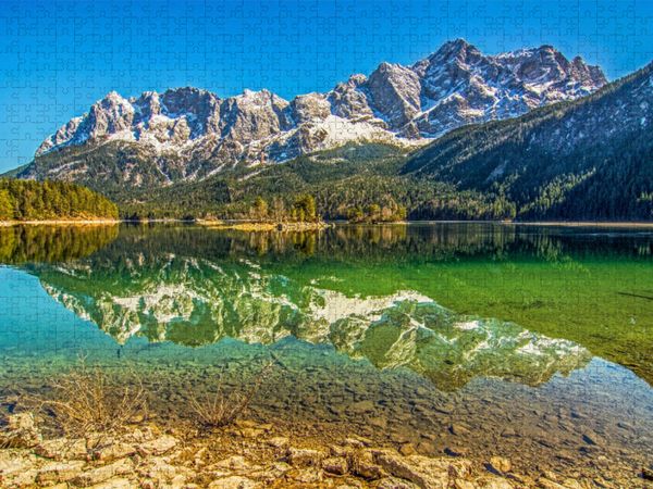 Produktbild: CALVENDO Puzzle Das Wettersteingebirge spiegelt sich vollst&auml;ndig im Eibsee | 1000 Teile Lege-Gr&ouml;&szlig;e 64x48cm Foto-Puzzle f&uuml;r gl&uuml;ckliche Stunden