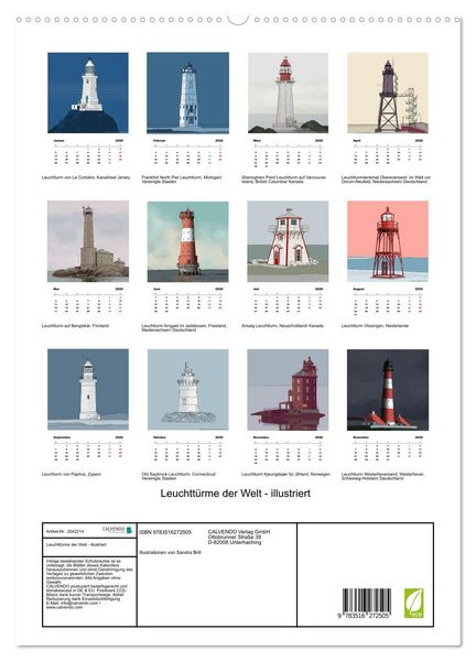Produktbild: Leuchtt&uuml;rme der Welt - illustriert (hochwertiger Premium Wandkalender 2026 DIN A2 hoch), Kunstdruck in Hochglanz