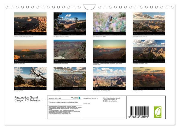 Produktbild: Faszination Grand Canyon / CH-Version (Wandkalender 2026 DIN A4 quer), CALVENDO Monatskalender