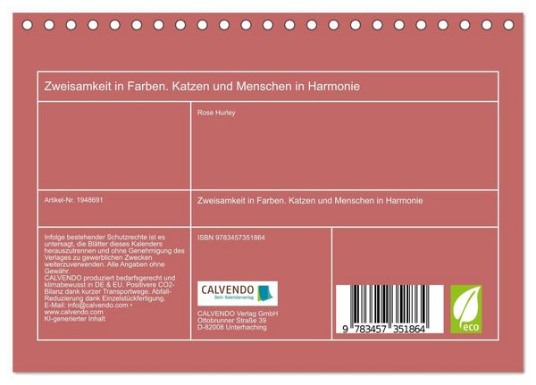 Produktbild: Zweisamkeit in Farben. Katzen und Menschen in Harmonie (Tischkalender 2026 DIN A5 quer), CALVENDO Monatskalender