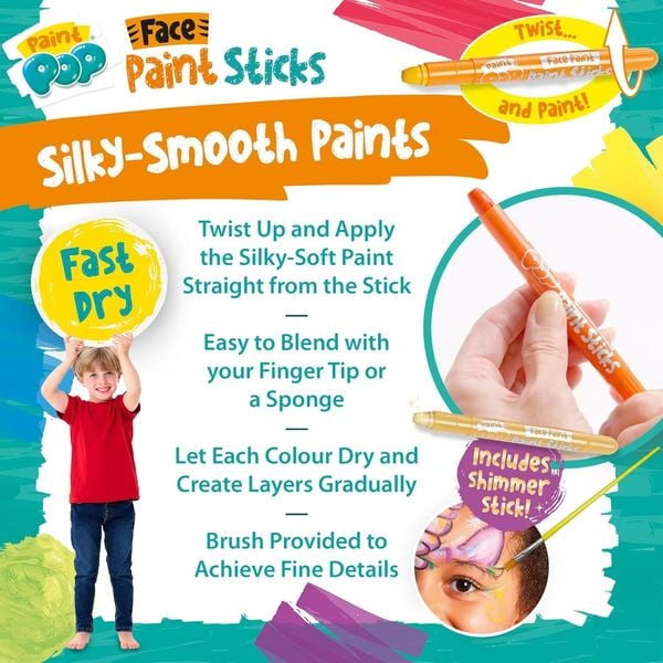 Produktbild: Paint Pop 362204 - Paint Pop: Face Paint Sticks 12-Pack, Gesichtsmalfarben, Schminkstifte