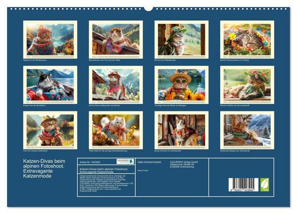 Produktbild: Katzen-Divas beim alpinen Fotoshoot. Extravagante Katzenmode (hochwertiger Premium Wandkalender 2026 DIN A2 quer), Kunstdruck in Hochglanz