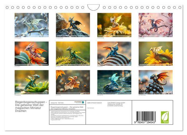 Produktbild: Regenbogenschuppen - Die geheime Welt der magischen Miniatur Drachen (Wandkalender 2026 DIN A4 quer), CALVENDO Monatskalender