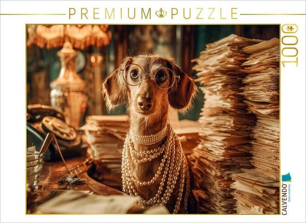 Produktbild: CALVENDO Puzzle Hundepuzzle Dackel im B&uuml;ro mit Brille und Perlenkette | 1000 Teile Lege-Gr&ouml;&szlig;e 64x48cm Foto-Puzzle f&uuml;r gl&uuml;ckliche Stunden
