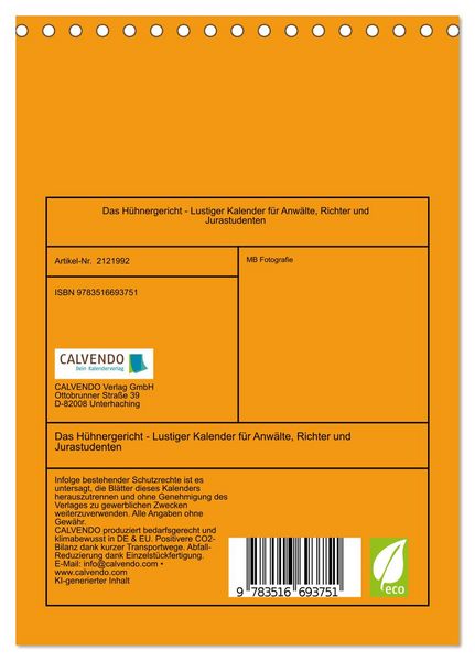 Produktbild: Das H&uuml;hnergericht - Lustiger Kalender f&uuml;r Anw&auml;lte, Richter und Jurastudenten (Tischkalender 2026 DIN A5 hoch), CALVENDO Monatskalender