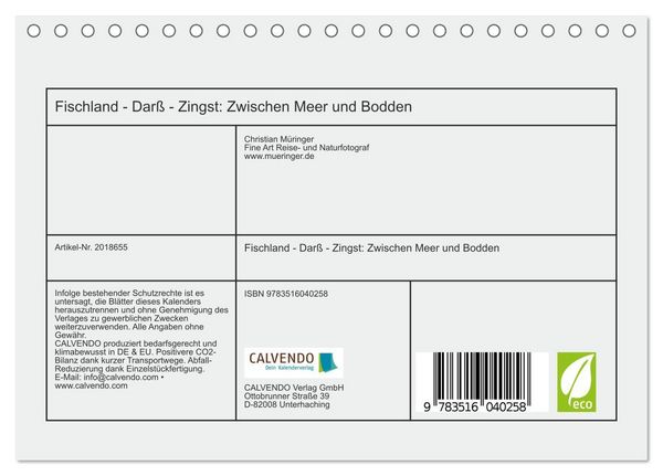 Produktbild: Fischland - Dar&szlig; - Zingst: Zwischen Meer und Bodden (Tischkalender 2026 DIN A5 quer), CALVENDO Monatskalender