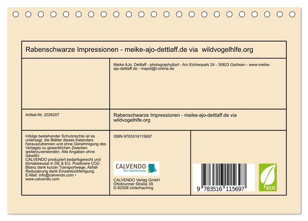 Produktbild: Rabenschwarze Impressionen - meike-ajo-dettlaff.de via wildvogelhlfe.org (Tischkalender 2026 DIN A5 quer), CALVENDO Monatskalender