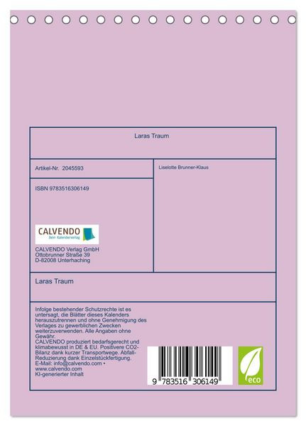 Produktbild: Laras Traum (Tischkalender 2026 DIN A5 hoch), CALVENDO Monatskalender
