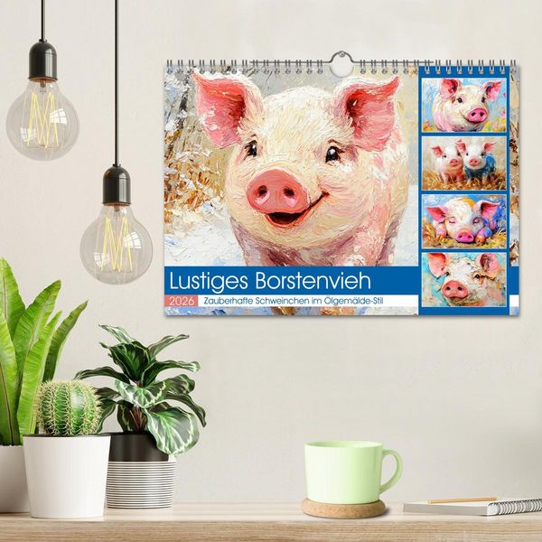 Produktbild: Lustiges Borstenvieh. Zauberhafte Schweinchen im &Ouml;lgem&auml;lde-Stil (Wandkalender 2026 DIN A4 quer), CALVENDO Monatskalender
