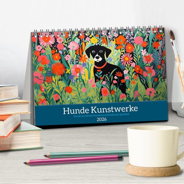 Produktbild: Hunde Kunstwerke - Hunde im Stil des Fauvismus k&uuml;nstlerisch gestaltet (Tischkalender 2026 DIN A5 quer), CALVENDO Monatskalender