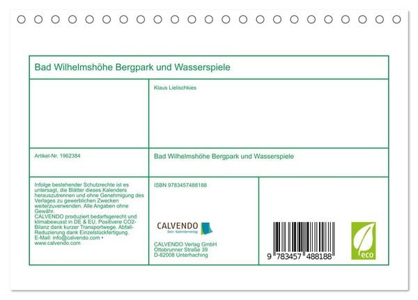 Produktbild: Bad Wilhelmsh&ouml;he Bergpark und Wasserspiele (Tischkalender 2026 DIN A5 quer), CALVENDO Monatskalender
