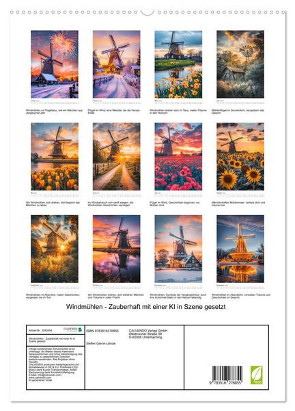 Produktbild: Windm&uuml;hlen - Zauberhaft mit einer KI in Szene gesetzt (hochwertiger Premium Wandkalender 2026 DIN A2 hoch), Kunstdruck in Hochglanz