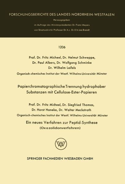 Produktbild: Papierchromatographische Trennung hydrophober Substanzen mit Cellulose-Ester-Papieren. Ein neues Verfahren zur Peptid-Synthese (Oxazolidonverfahren)