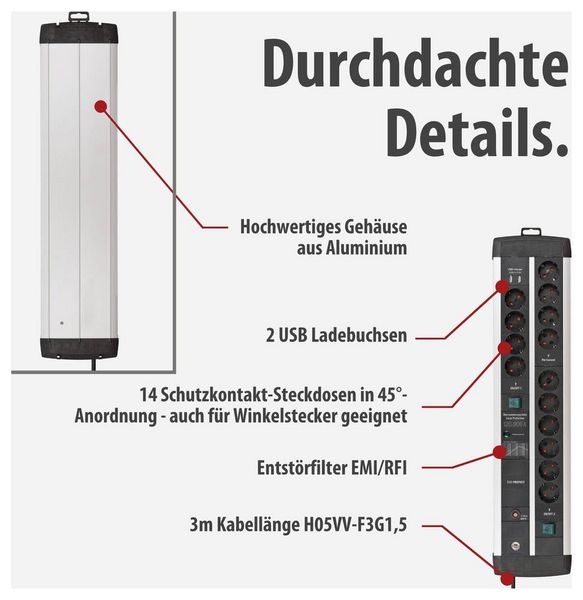 Produktbild: Brennenstuhl 1392000232 &Uuml;berspannungsschutz-Steckdosenleiste 14fach Silber, Schwarz Schutzkontakt 1 St.