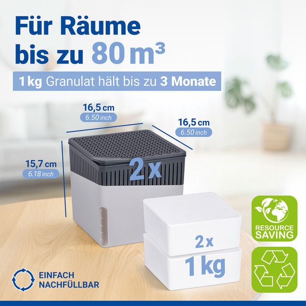Produktbild: Raumentfeuchter Mod. Cube Grau 1000 g, 2er Set, beugt Schimmel und Ger&uuml;chen vor