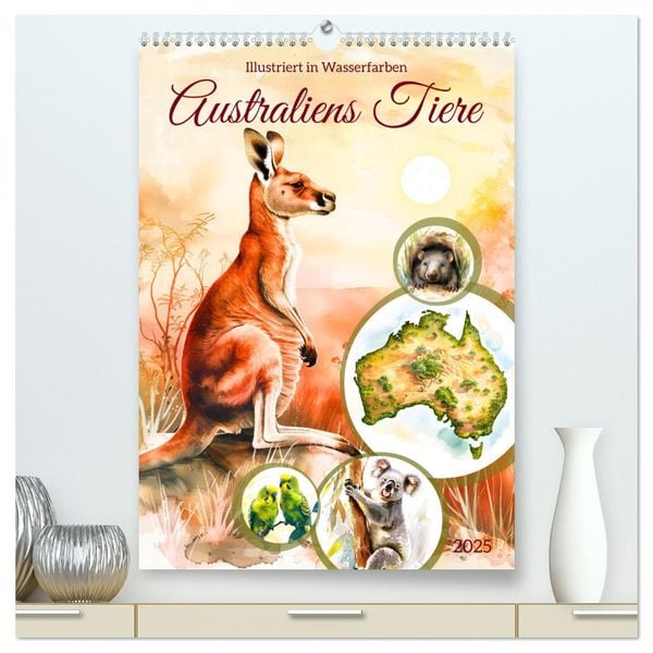 Australiens Tiere - Illustriert in Wasserfarben (hochwertiger Premium Wandkalender 2025 DIN A2 hoch), Kunstdruck in Hoch