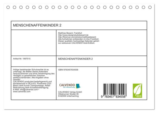 Produktbild: MENSCHENAFFENKINDER 2 (Tischkalender 2026 DIN A5 quer), CALVENDO Monatskalender
