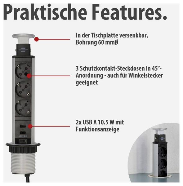 Produktbild: Brennenstuhl 1396200013 Steckdosenturm 3fach Aluminium, Schwarz Schutzkontakt 1 St.