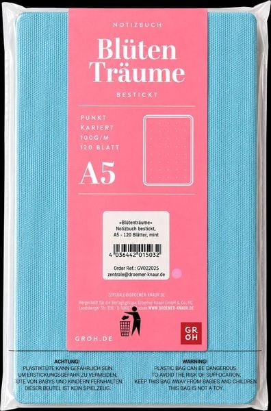 Produktbild: Bl&uuml;tentr&auml;ume Notizbuch bestickt, A5 - 240 Seiten, mint
