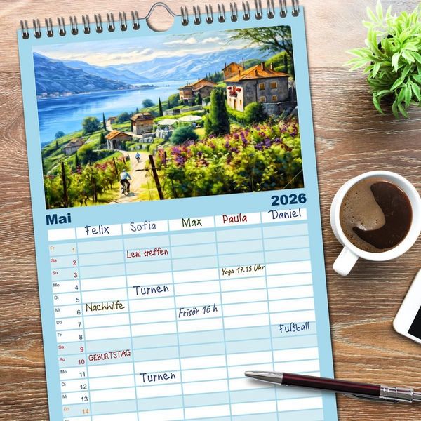 Produktbild: Familienplaner 2026 - S&uuml;dalpines Flair - Seen, Berge und Fantasiest&auml;dte mit 5 Spalten (Wandkalender, 21 x 45 cm) CALVENDO