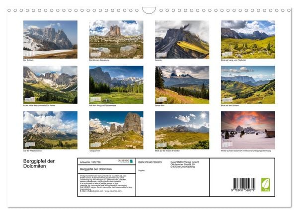 Produktbild: Berggipfel der Dolomiten (Wandkalender 2026 DIN A3 quer), CALVENDO Monatskalender
