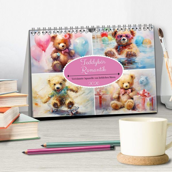 Produktbild: Teddyb&auml;r Romantik. Vertr&auml;umte Aquarelle von lieblichen B&auml;ren (Tischkalender 2026 DIN A5 quer), CALVENDO Monatskalender