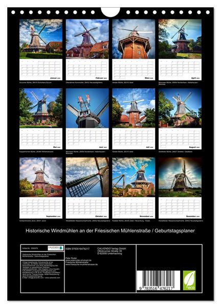 Produktbild: Historische Windm&uuml;hlen an der Friesischen M&uuml;hlenstra&szlig;e / Geburtstagsplaner (Wandkalender 2026 DIN A4 hoch), CALVENDO Monatskalender