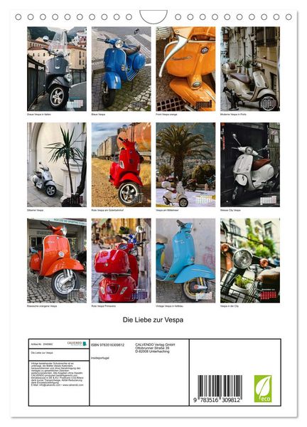 Produktbild: Die Liebe zur Vespa (Wandkalender 2026 DIN A4 hoch), CALVENDO Monatskalender