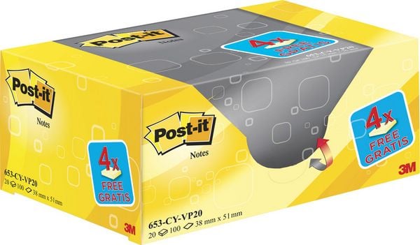 Produktbild: Post-it&reg; Haftnotizen Promotionspackung gelb 16 + 4, 51 x 38 mm 20 St&uuml;ck