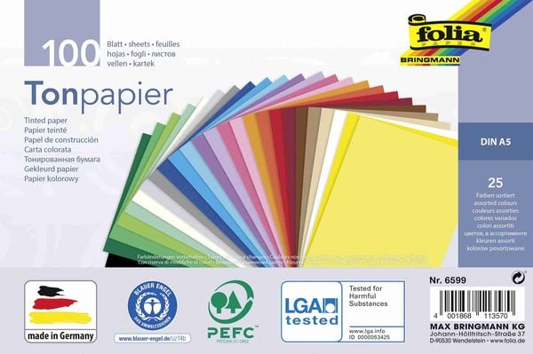 Folia  Tonpapier, DIN A5, 100 Blatt in 25 Farben sortiert