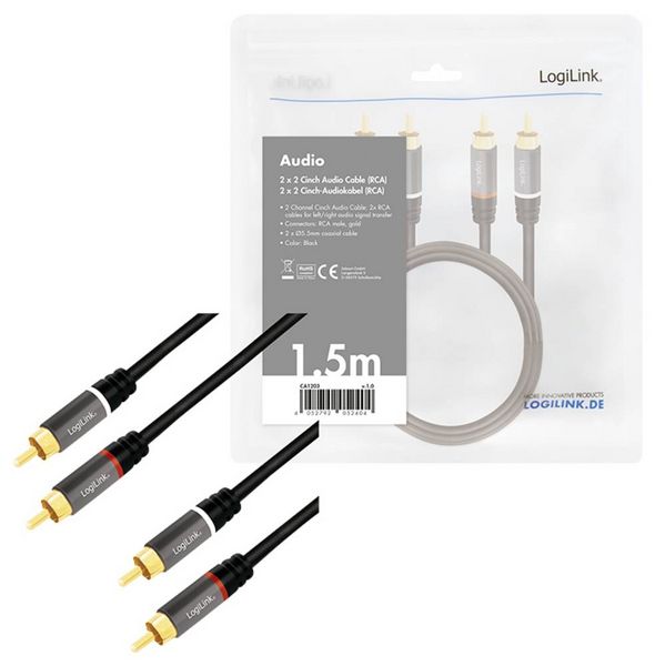 Produktbild: LogiLink CA1203 Cinch Audio Anschlusskabel 1.5m Schwarz Geschirmt, Farbcodiert