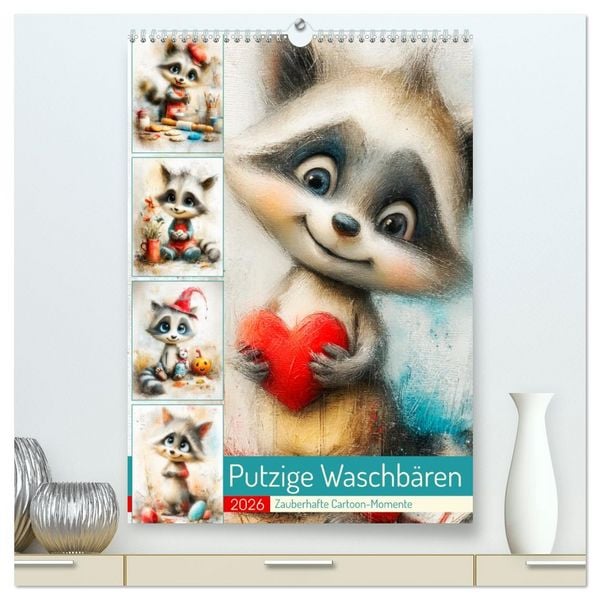 Produktbild: Putzige Waschb&auml;ren. Zauberhafte Cartoon-Momente (hochwertiger Premium Wandkalender 2026 DIN A2 hoch), Kunstdruck in Hochglanz